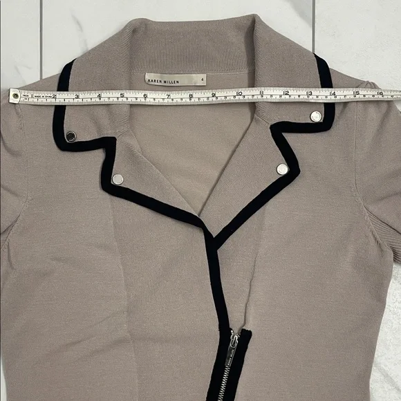 Karen Millen Knit Sweater Jacket Black Trim Asymmetrical Zipper V Neck Collar - Picture 14 of 14